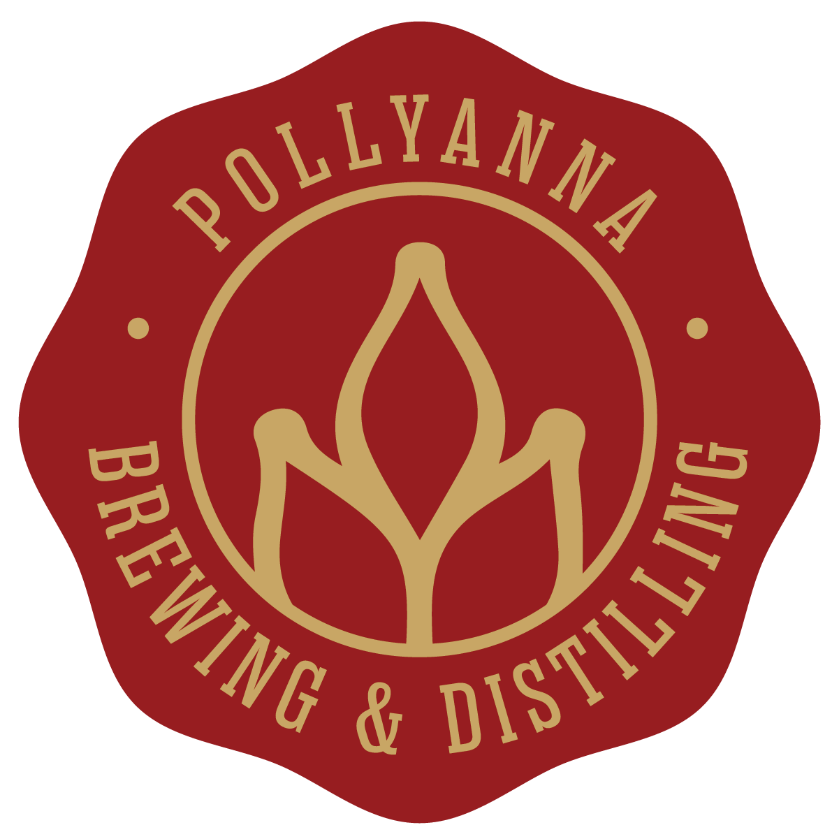 Pollyanna Brewing & Distilling logo, red background.