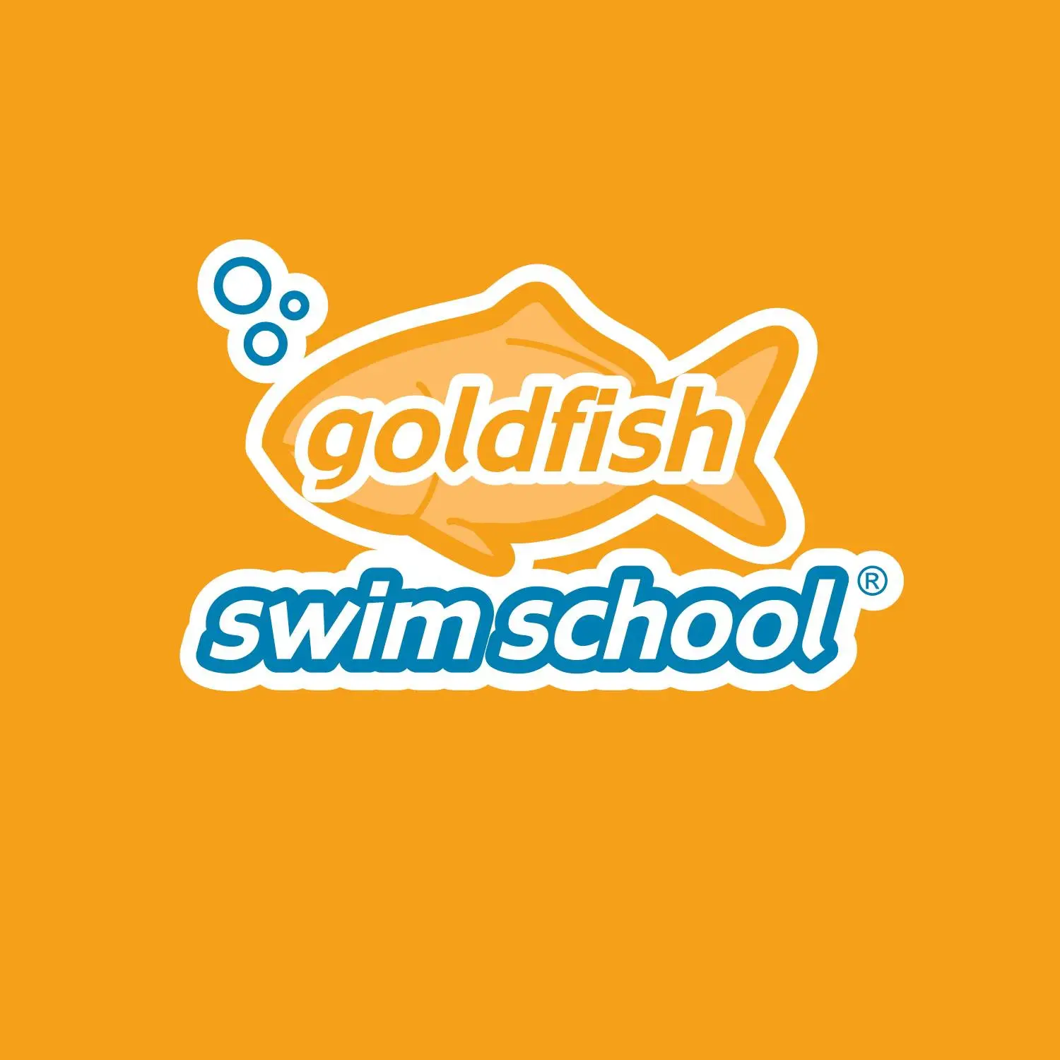 Goldfish Swim School logo on orange background.