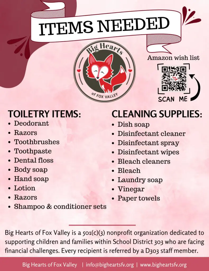 Big Hearts toiletry & cleaning supplies needed