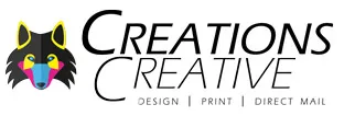 Creative Creations logo with colorful wolf design.